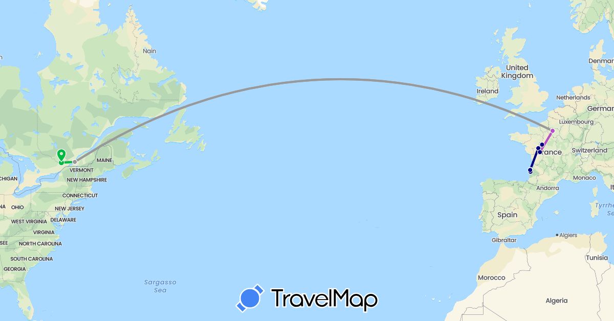 TravelMap itinerary: driving, bus, plane, train in Canada, France (Europe, North America)